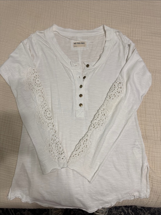 We The Free Tops - We The Free White Crochet-Trim Henley Long Sleeve Tee